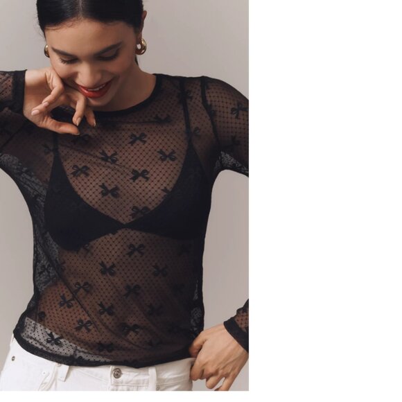 By Anthropologie Long-Sleeve Novelty Lace Top new nwt black color size M - Picture 4 of 8